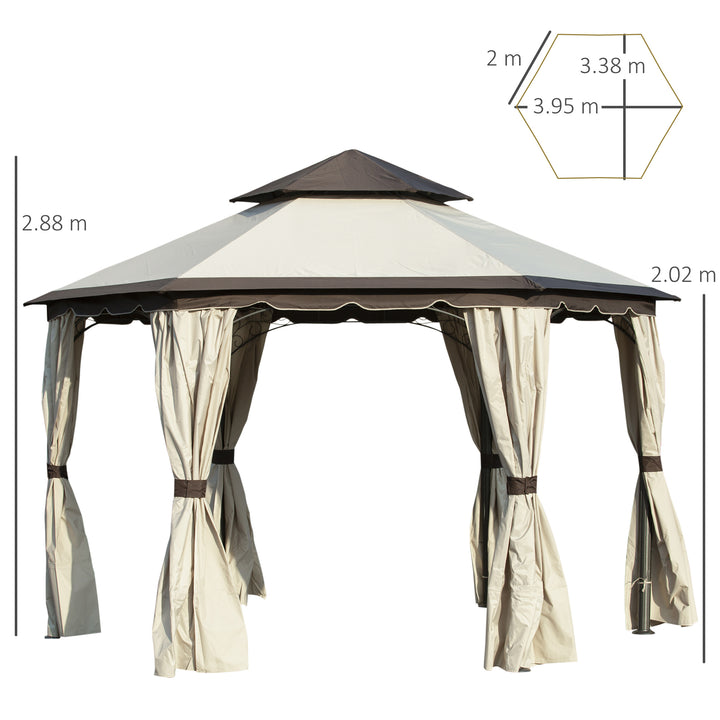 Outsunny 3.4m Steel Gazebo Canopy Party Tent Garden Pavilion Patio Shelter with Curtains &amp; 2 Tier Roof, Beige