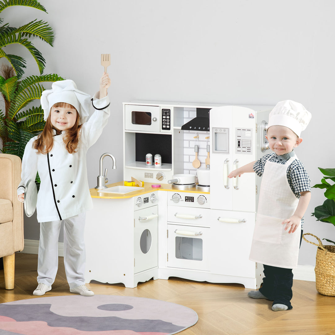 Kids Wooden Kitchen, Large Pretend Role Play Kitchen With Realistic Refrigerator, Microwave, Oven, Range Hood, Sink, Telephone, Kids Play Kitchen Set with Sounds, Storage Space, White