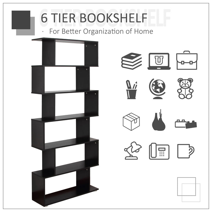 S Shape Wooden 6-tier Bookshelf Open Concept Bookcase Storage Display Unit for Home Office Living Room, Black