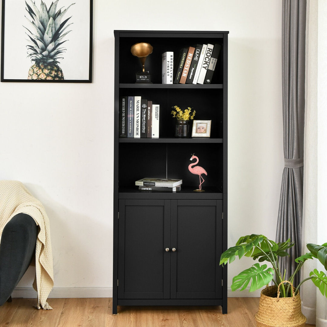Wooden Tall Bookcase with 3-Tier Storage Cabinet-Black
