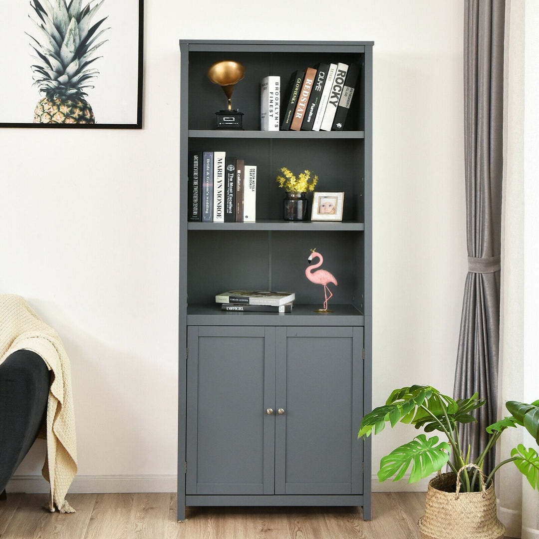 Wooden Tall Bookcase with 3-Tier Storage Cabinet-Grey