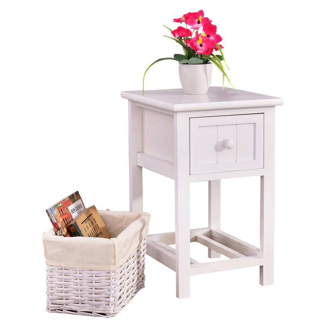 Wooden 2-Layer Bedside End Table Nightstand with Basket + Drawer