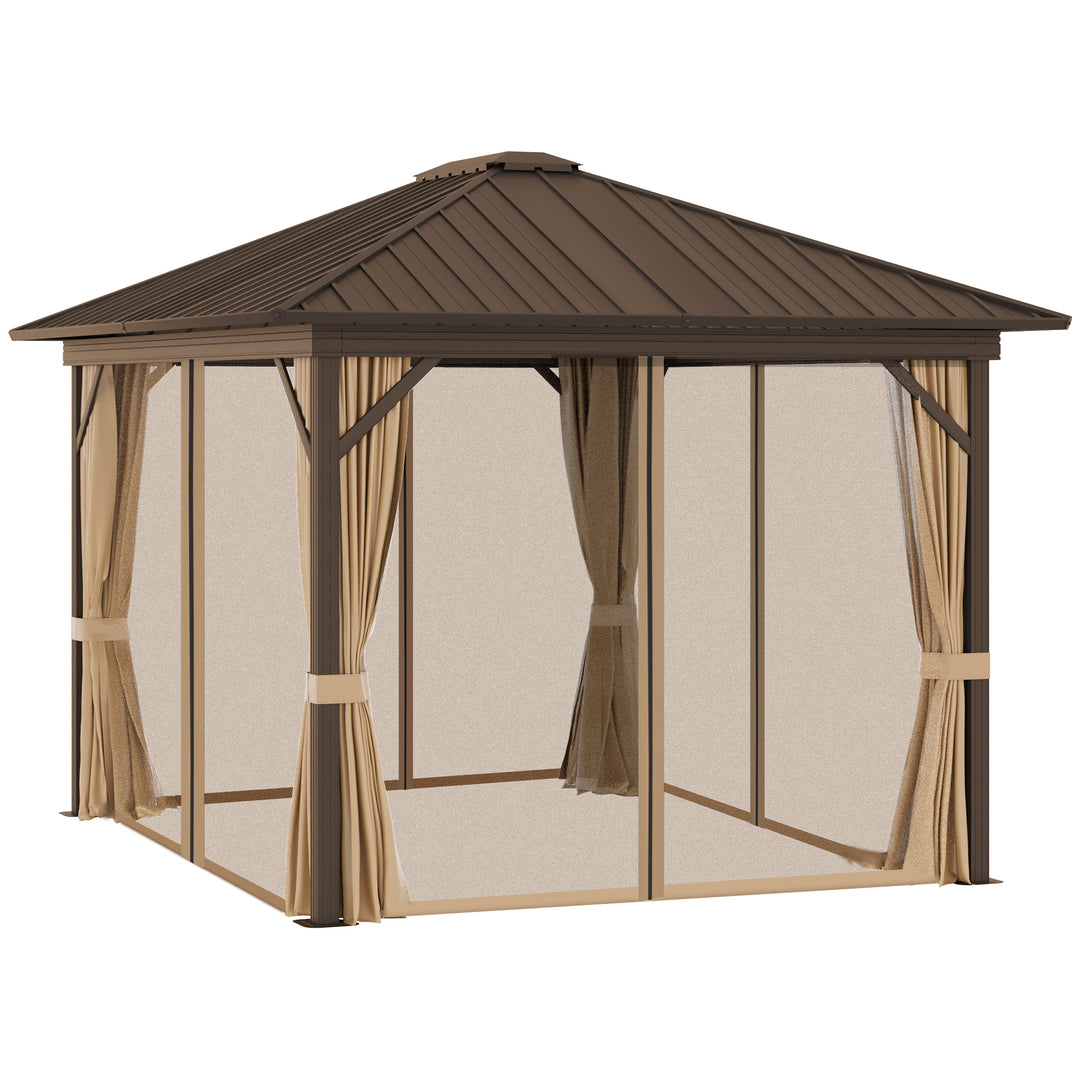 Outsunny 3.6 x 3(m) Outdoor Hardtop Gazebo Metal Roof Patio Gazebo with Aluminum Frame, Mesh Nettings, Curtains, &amp; Roomy Interior Space, Brown