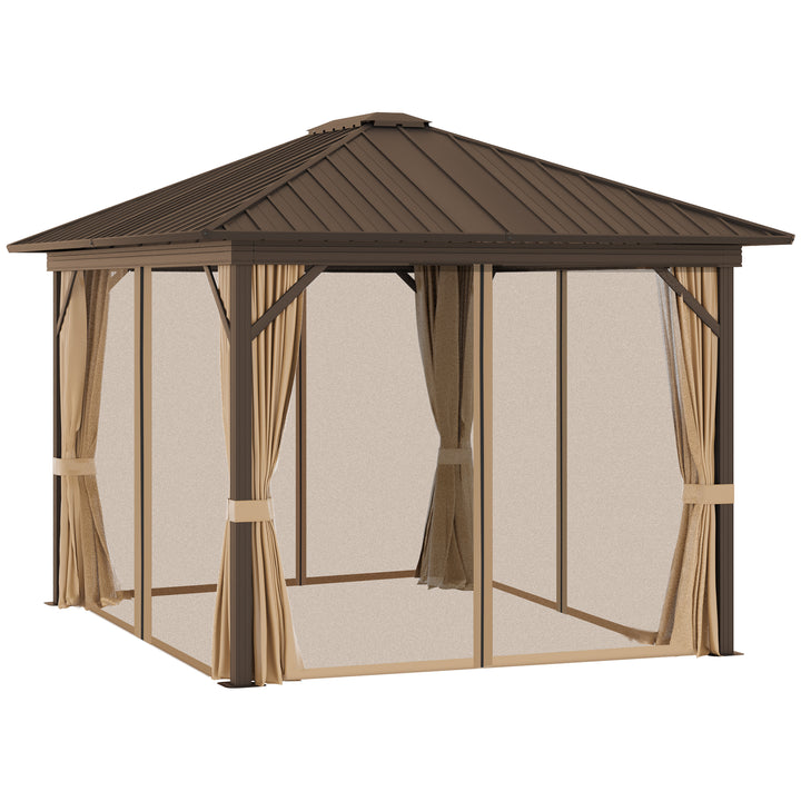 Outsunny 3.6 x 3(m) Outdoor Hardtop Gazebo Metal Roof Patio Gazebo with Aluminum Frame, Mesh Nettings, Curtains, &amp; Roomy Interior Space, Brown