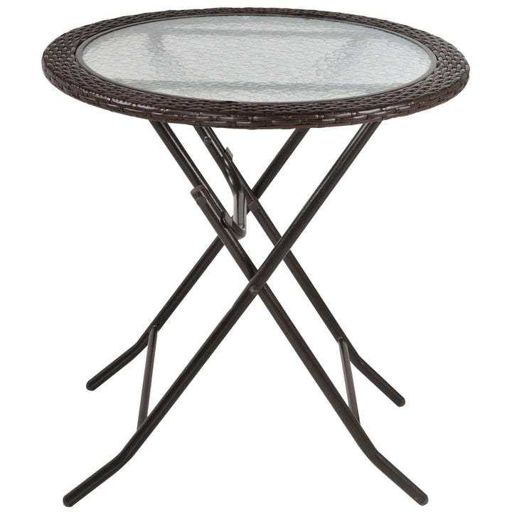 Folding Round Tempered Glass Metal Table with Brown Rattan Edging
