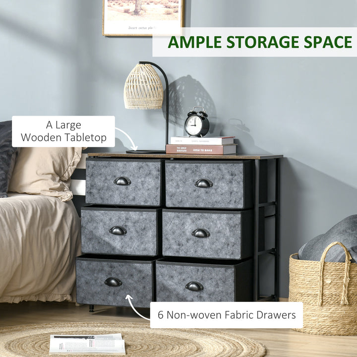 HOMCOM Chest of Drawer Fabric Dresser Storage Cabinet for Bedroom Night Stand with 6 Drawers Steel Frame Handles - Grey and Black