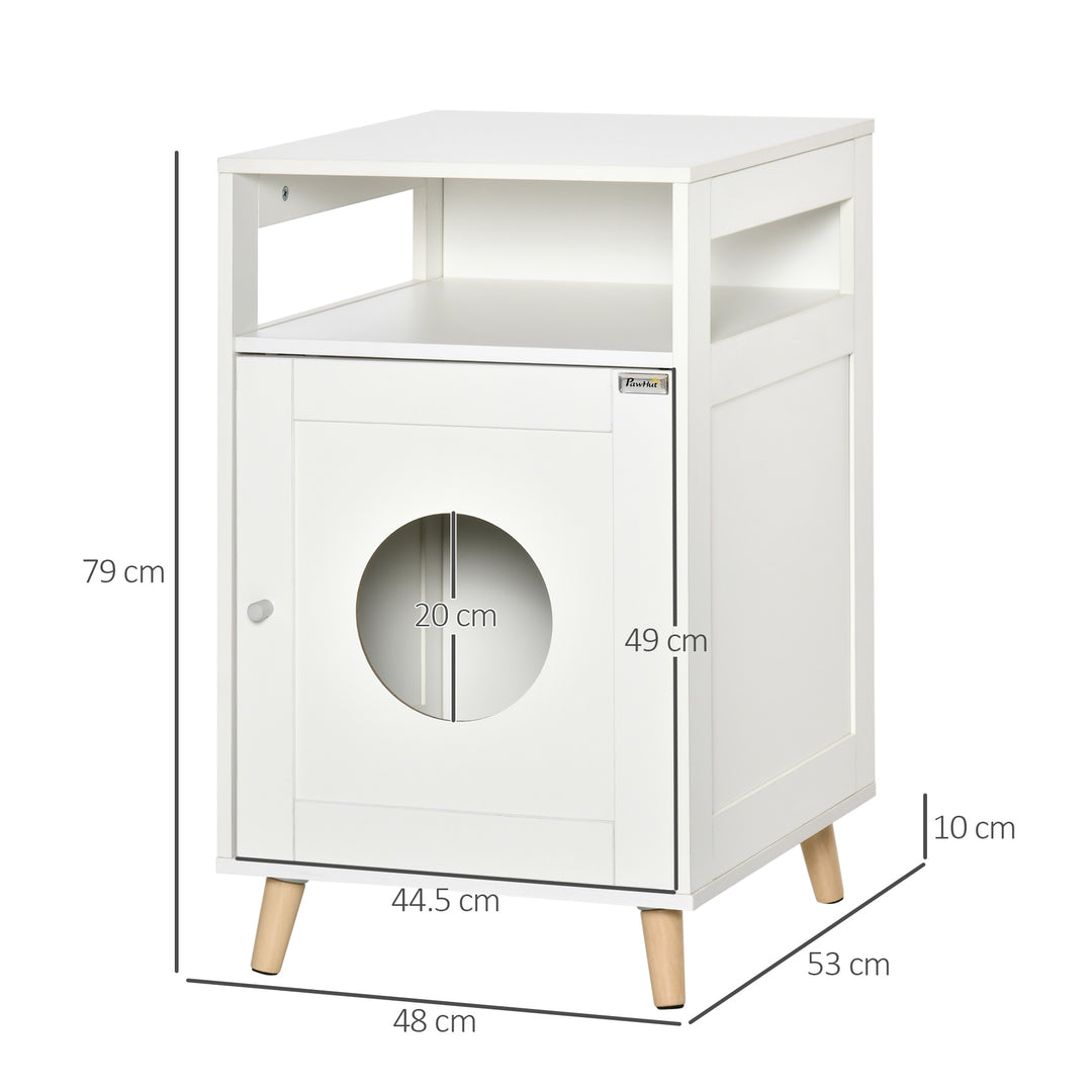 PawHut Cat Litter Box Enclosure Washroom Cave House Decorative End Table Wooden Cabinet Indoor with Magnetic Door Multiple Storage Space White