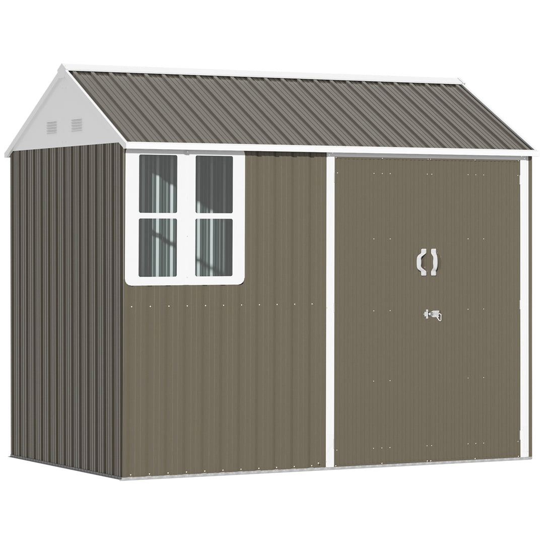 8 x 6 ft Metal Garden Storage Shed Patio Corrugated Roof Tool Storage Box w/ Double Door Window Sloped Roof, Grey