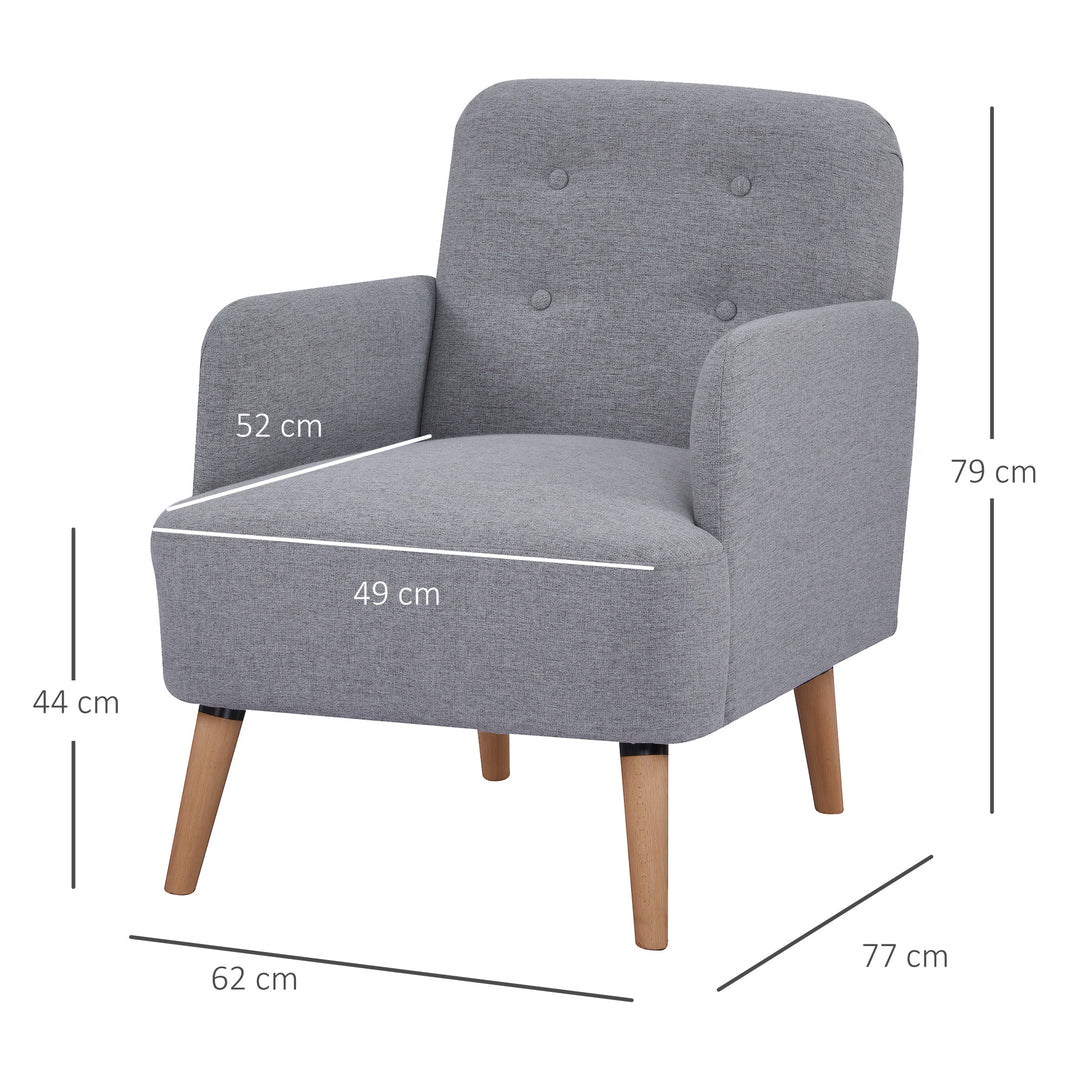 Upholstered Armchair, Nature Wood Frame Living Room Chairs with Birch Wood Legs &amp; Thick Padding Seat and Button Mid-Back, Light Grey