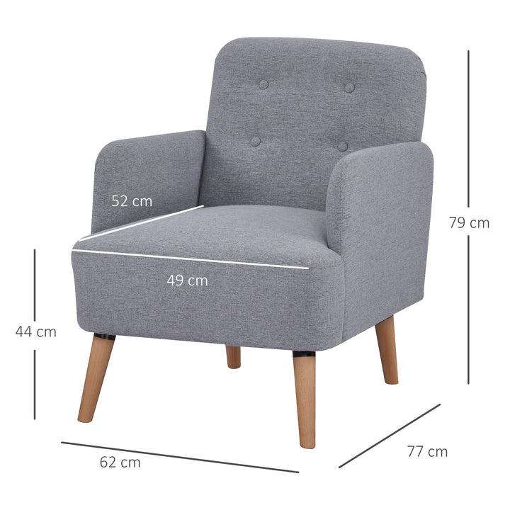 Upholstered Armchair, Nature Wood Frame Living Room Chairs with Birch Wood Legs &amp; Thick Padding Seat and Button Mid-Back, Light Grey