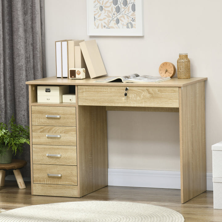 Computer Desk, Home Office Desk with Lockable Drawer, Storage Shelf for Study Bedroom, 110 x 50 x 76 cm, Oak