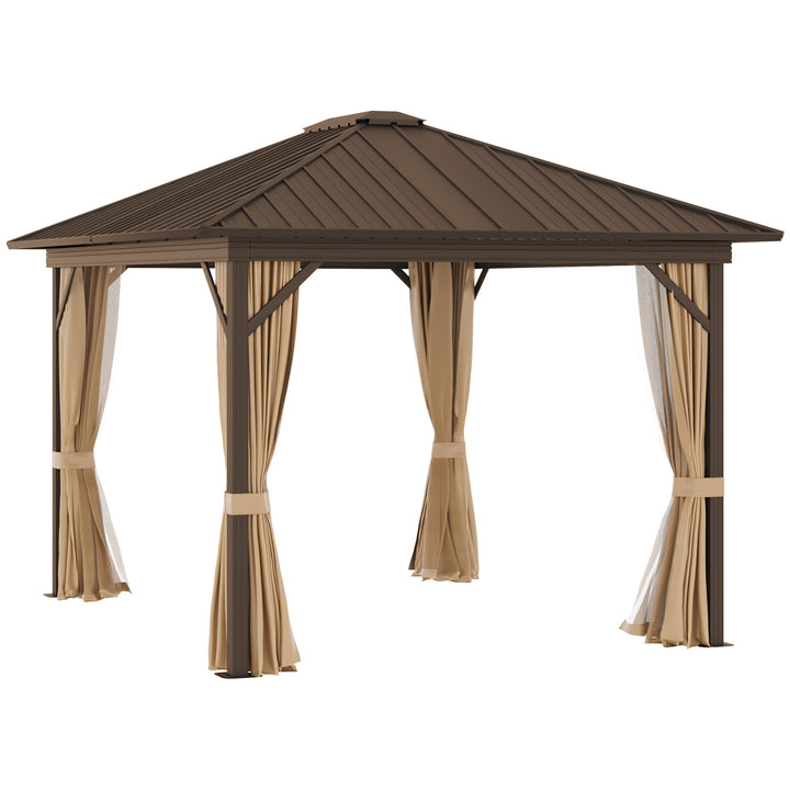 Outsunny 3.6 x 3(m) Outdoor Hardtop Gazebo Metal Roof Patio Gazebo with Aluminum Frame, Mesh Nettings, Curtains, &amp; Roomy Interior Space, Brown