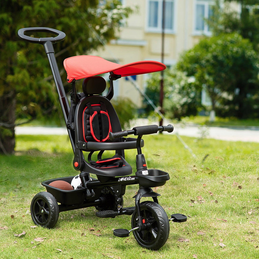 4 in 1 Baby Tricycle Toddler Stroller Foldable Pedal Tricycle w/ Reversible Angle Adjustable Seat Removable Handle Canopy Handrail Belt-Red