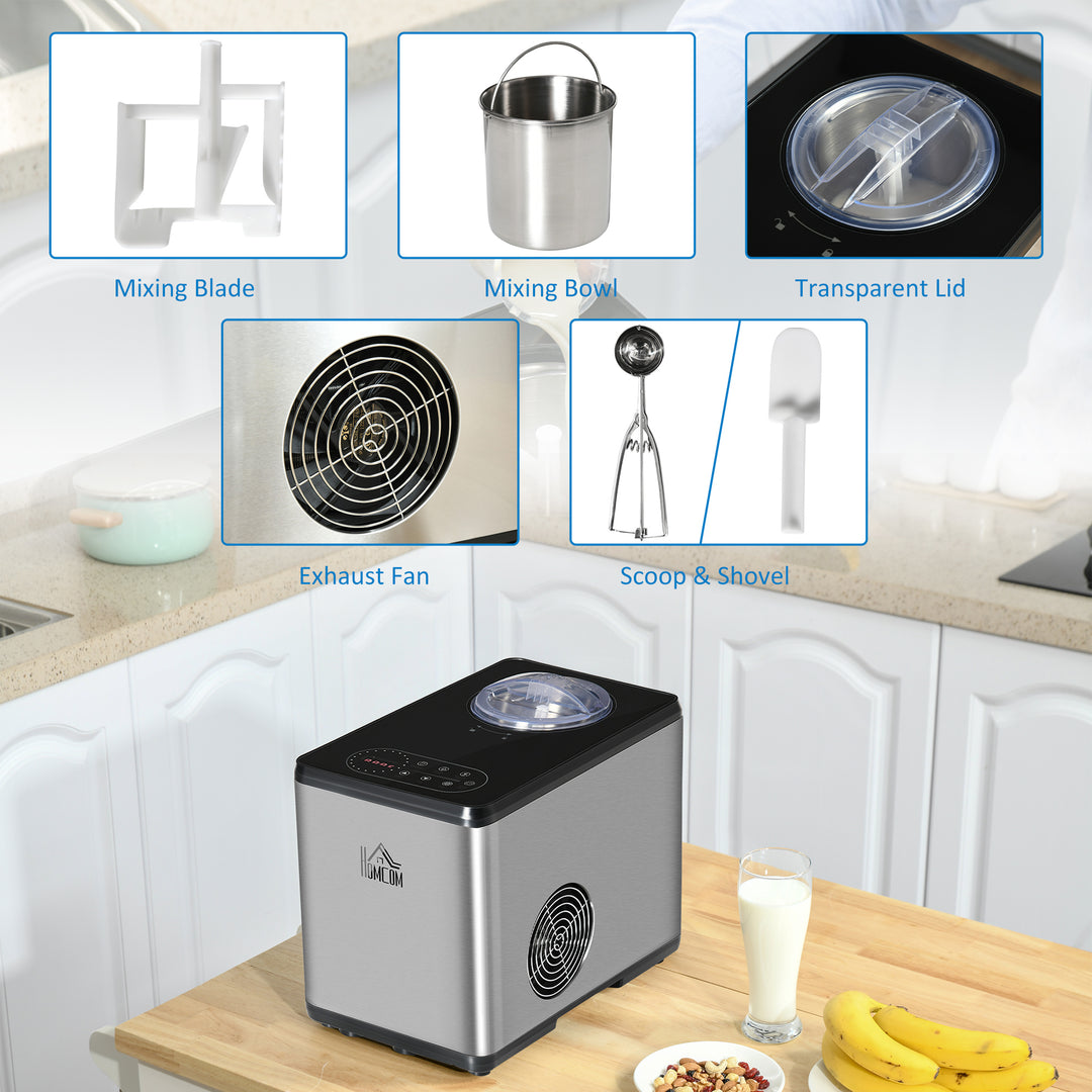 HOMCOM Ice Cream Maker Machine, 1.5L Stainless Steel Gelato, Sorbet, Milkshake, Frozen Yoghurt Maker with Detachable Mixing Paddle LED Display
