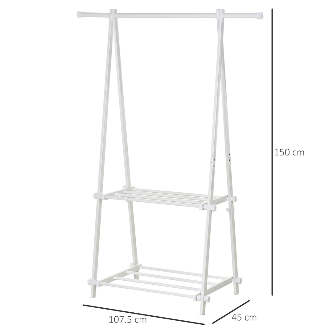 HOMCOM Minimalist Foldable Adjustable Clothes Rack Hanger w/ 2 shelves 107.5L x 45W x 150H cm Hallway Entryway Furniture - White