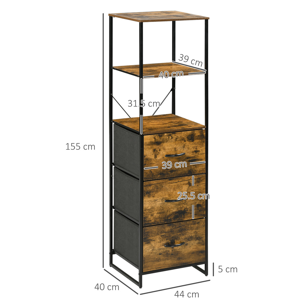 HOMCOM Industrial Tall Bookcase w/ 2 Open Shelves and 3 Foldable Fabric Drawers, Multifunctional Storage Cabinet in Living Room, Study, Rustic Brown