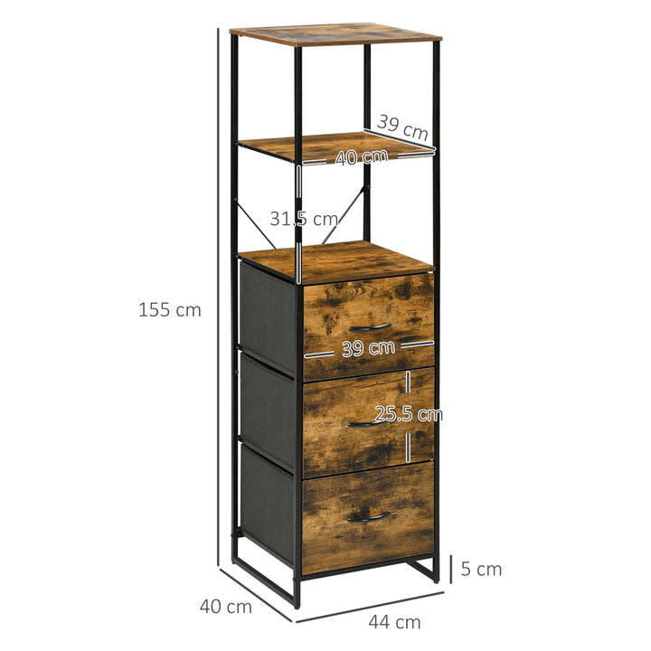 HOMCOM Industrial Tall Bookcase w/ 2 Open Shelves and 3 Foldable Fabric Drawers, Multifunctional Storage Cabinet in Living Room, Study, Rustic Brown