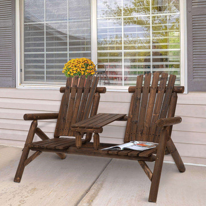 Wood Patio Chair Bench 2 Seats with Center Coffee Table, Garden Loveseat Bench Backyard, Perfect for Lounging Relaxing Outdoors, Carbonized