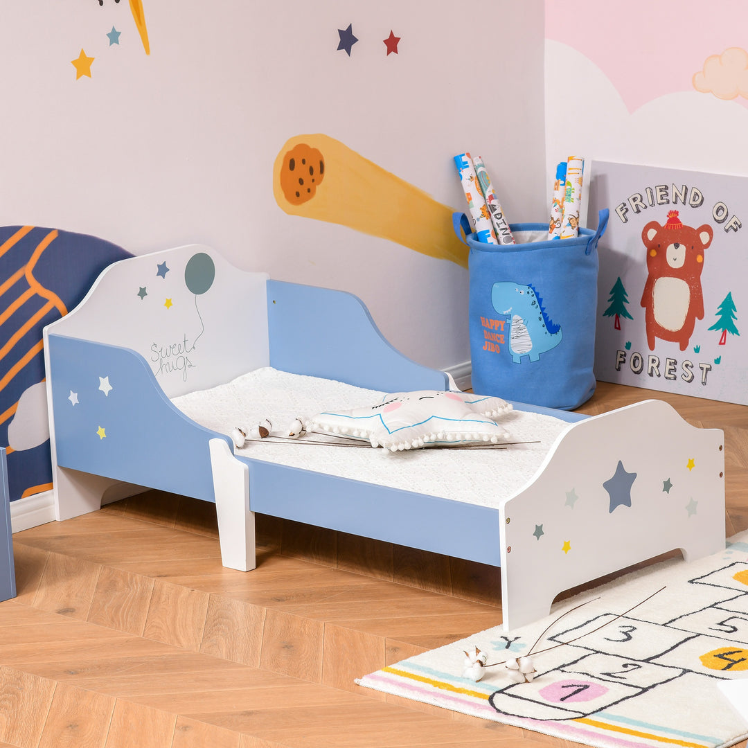 Kids Toddler Wooden Bed Round Edged with Guardrails Stars Image 143 x 74 x 59 cm Blue