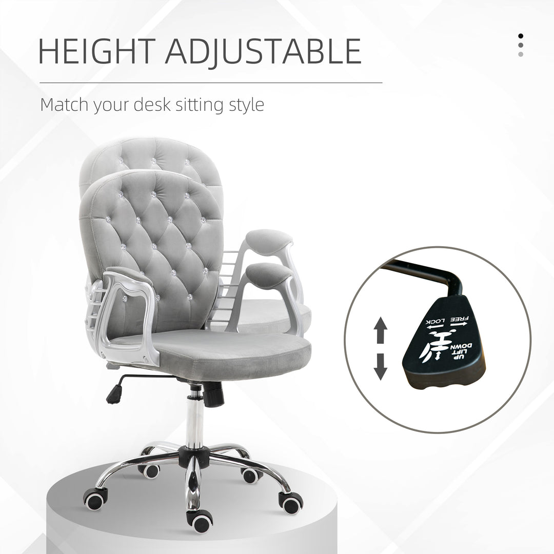 Vinsetto Office Chair Ergonomic 360° Swivel Diamond Tufted Home Work Velour Padded Base 5 Castor Wheels Grey