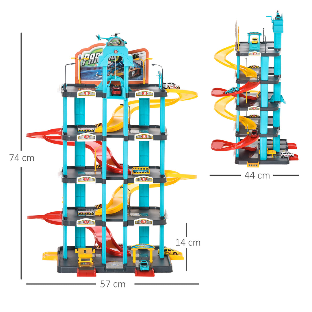 5-Level Car Parking Garage Toy Race Tracks Car Ramp Set Toddler Car Games w/ Cars &amp; Helicopter Elevator Gas Station Car Repair Station