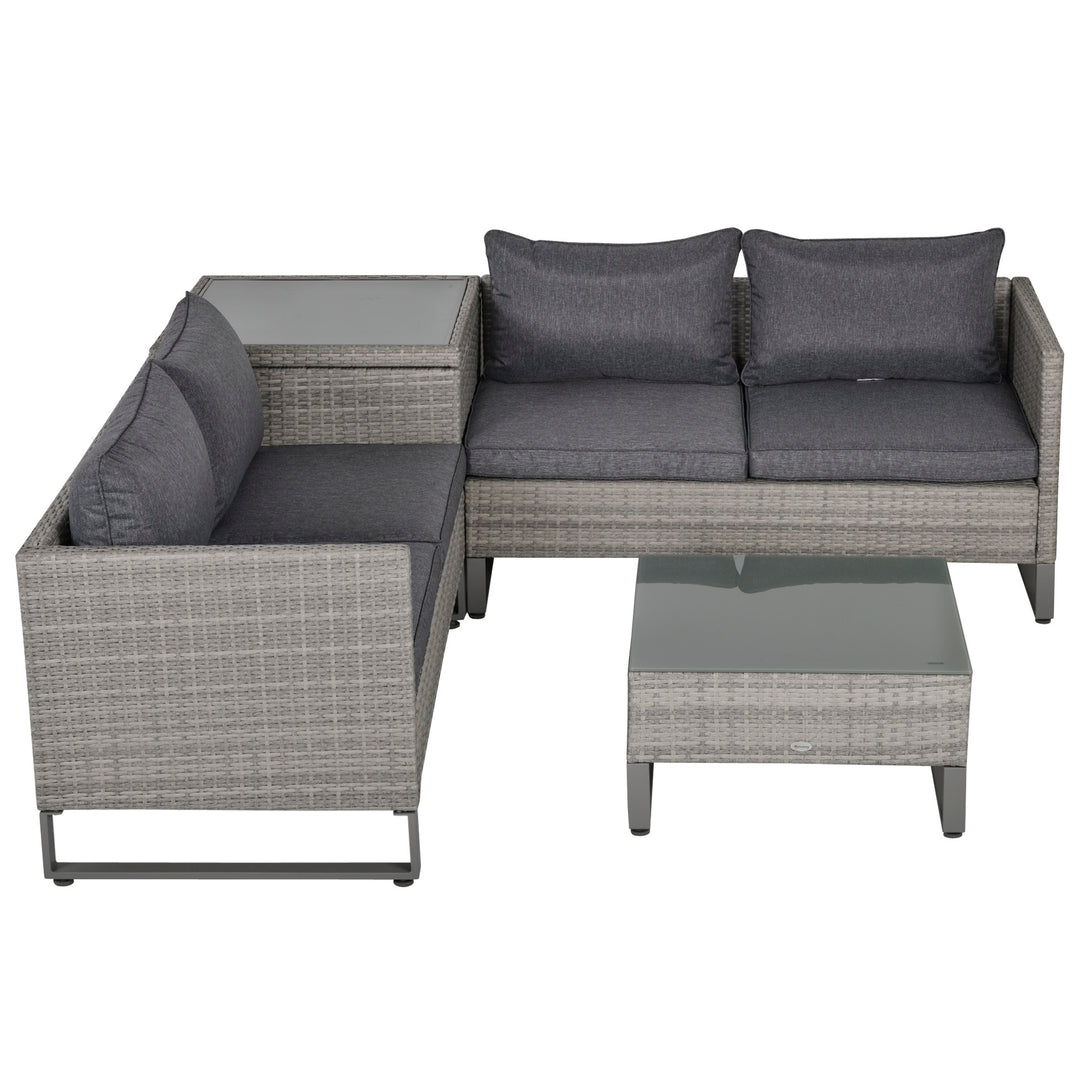 4-Seater PE Rattan Sofa Set Wicker Garden Furniture Outdoor Conservatory Furniture Coffee Table w/ Side Storage Box & Cushion, Grey