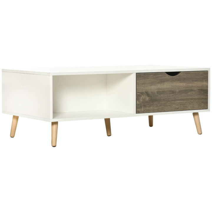 Coffee Table, Modern Tea Table with Open Storage Shelves, Two Drawers and Solid Wood Legs, Coffee Tables for Living Room, Bed Room, White