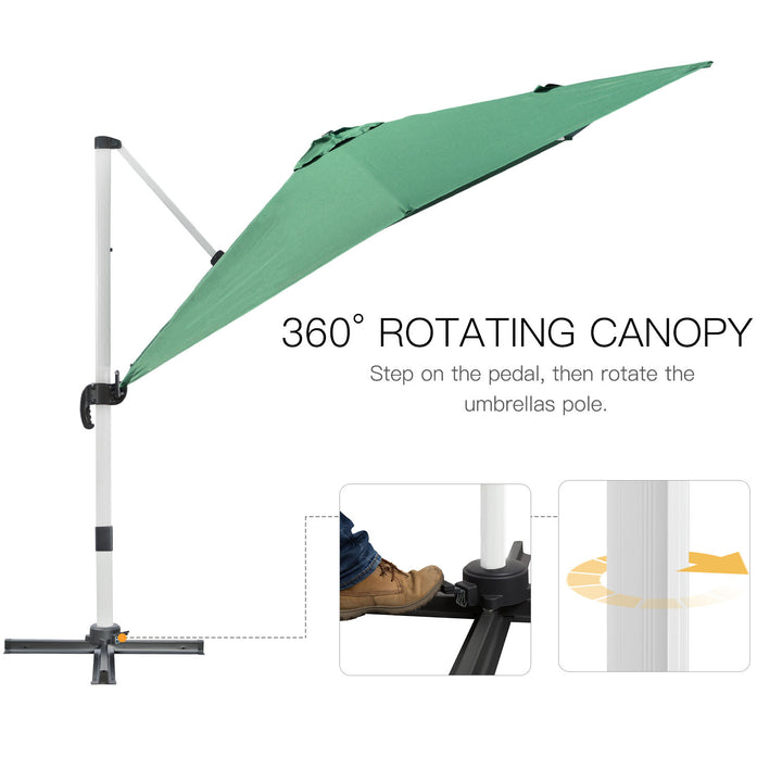 3 x 3(m) Cantilever Parasol, Square Garden Umbrella with Cross Base, Crank Handle, Tilt, 360° Rotation and Aluminium Frame, Green