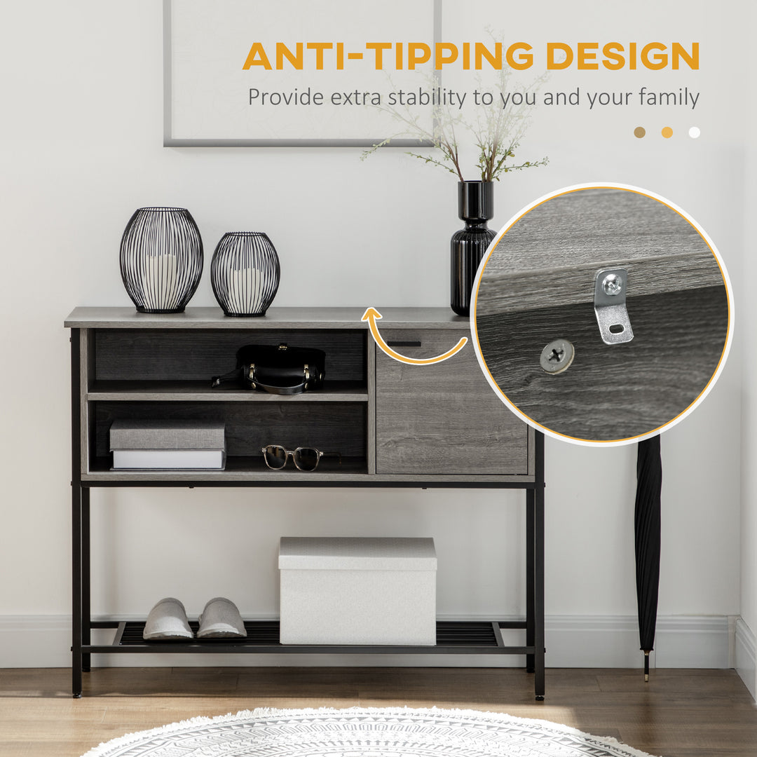 Industrial Console Table, Narrow Hallway Table with Cabinet, Open Compartments and Slatted Shelf for Entryway, Grey
