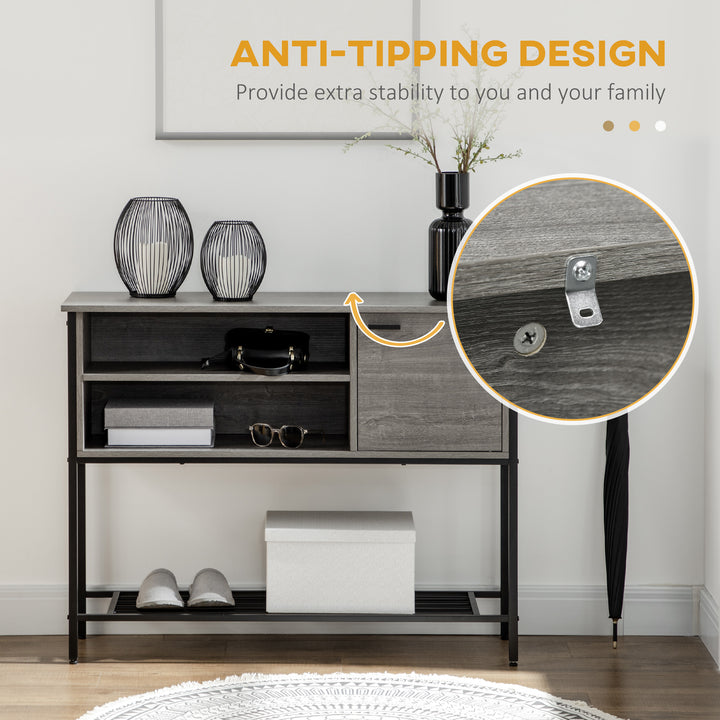 Industrial Console Table, Narrow Hallway Table with Cabinet, Open Compartments and Slatted Shelf for Entryway, Grey