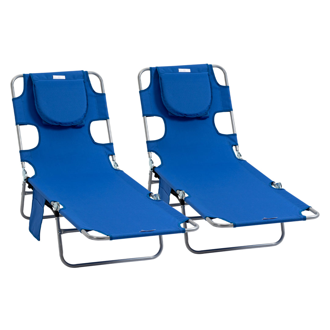 2 Pieces Foldable Sun Lounger with Reading Hole, Portable Sun Lounger with 5 Level Adjustable Backrest, Reclining Lounge Chair with Side Pocket, Headrest Pillow, Blue