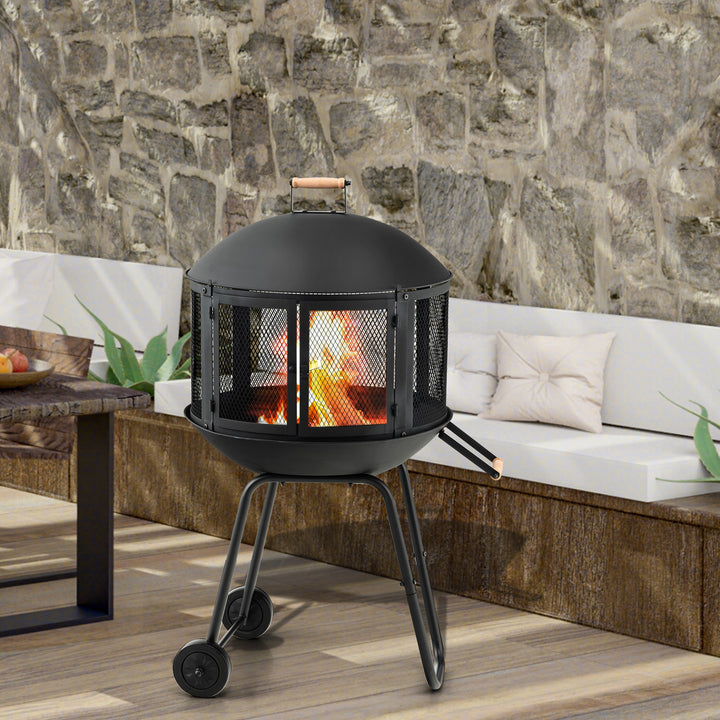 Rolling Patio Fire Pit with Wheels and Handle-Black