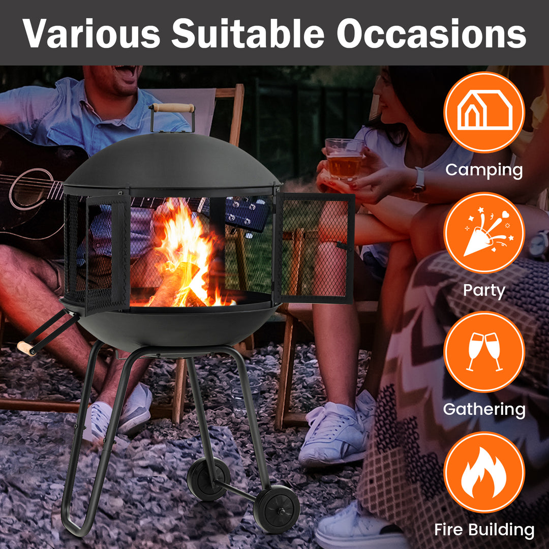 Rolling Patio Fire Pit with Wheels and Handle-Black