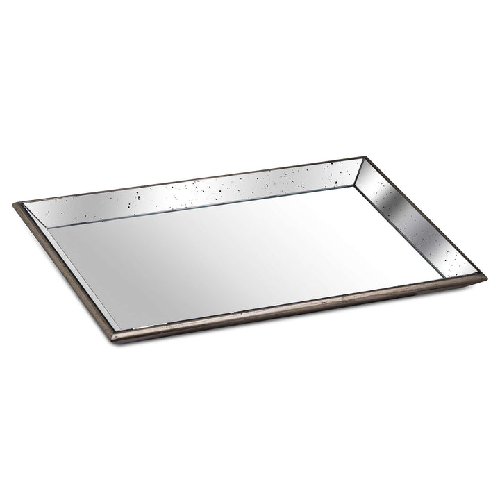 Distressed Large Mirrored Tray With Wooden Detailing