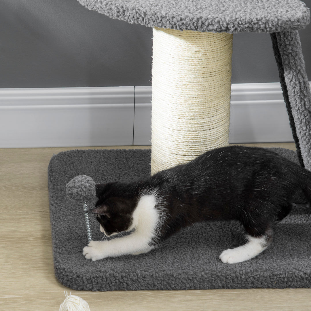 PawHut Cat Tree Cat Tower with Cat Scratching Posts, Pad, Bed, Toy Ball for Cats under 6 Kg, Dark Grey & Beige