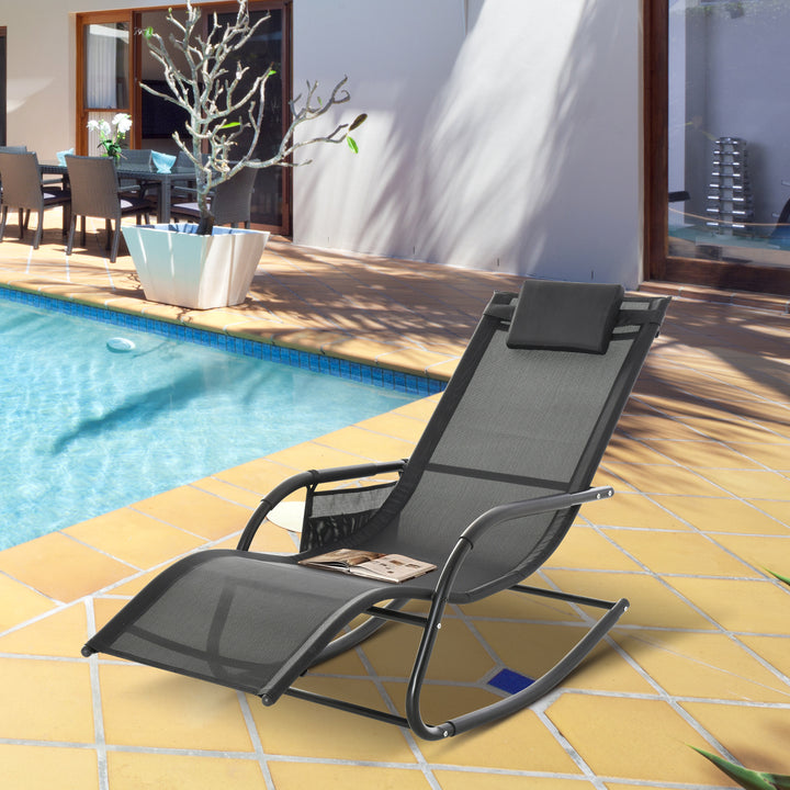 Breathable Mesh Rocking Chair Patio Rocker Lounge for Indoor &amp; Outdoor Recliner Seat w/ Removable Headrest for Garden and Patio Black
