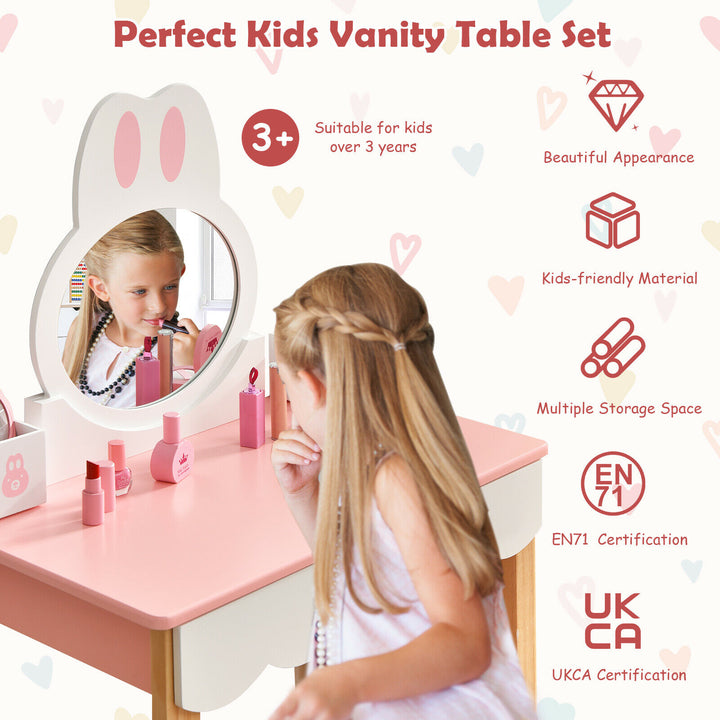 Kids Vanity Table and Chair Pretend Play with Mirror and Drawers-Pink