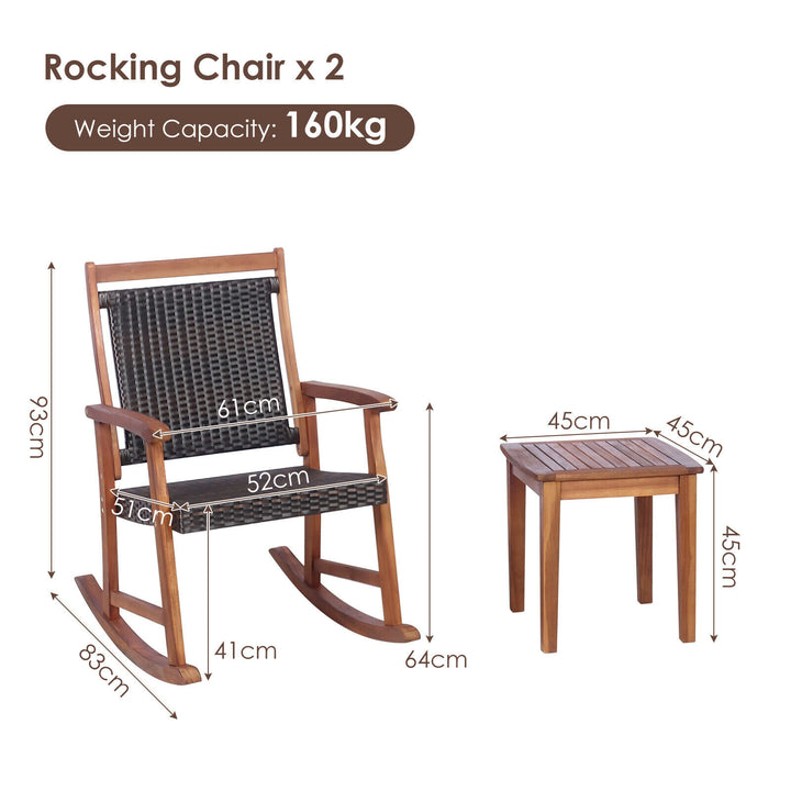 3 Piece Rattan Rocking Chair Set for Outdoor