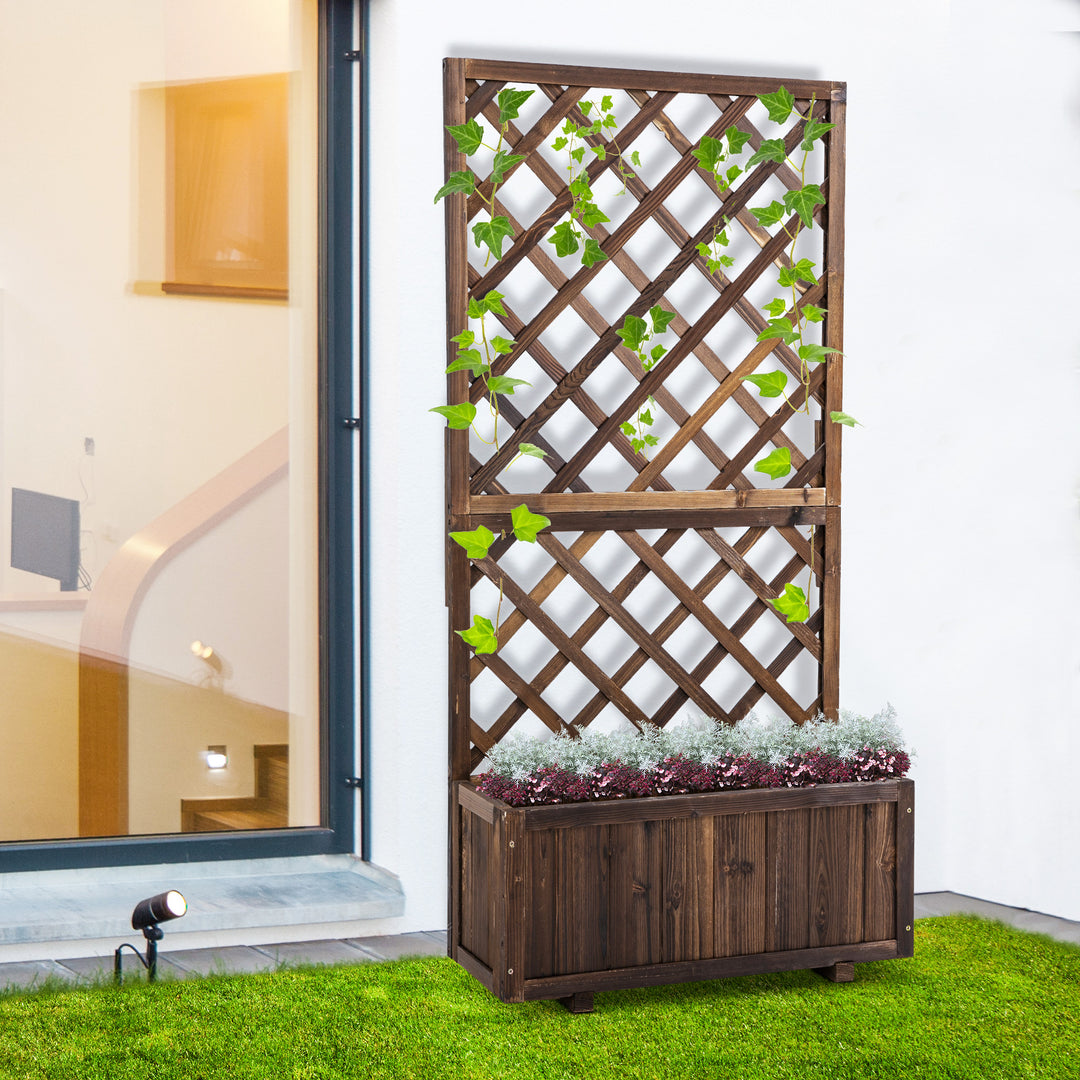 Outsunny Garden Wooden Pine Trough Planter with Topped Trellis Climbing Plants Flower Raised Bed