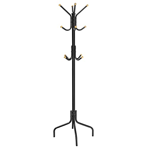 Coat Stand, Metal Coat Rack with 12 Hooks for Jackets-Black