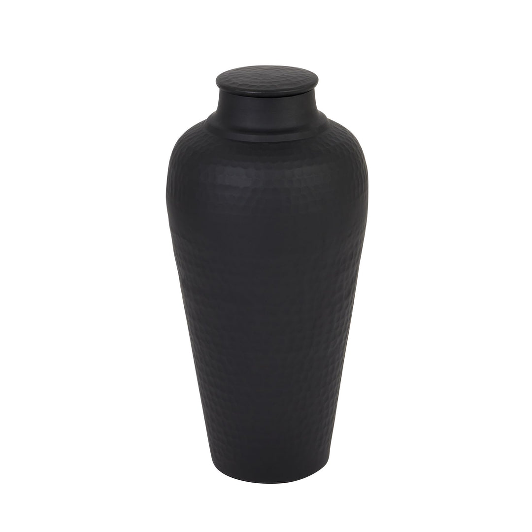 Matt Black Hammered Vase With Lid