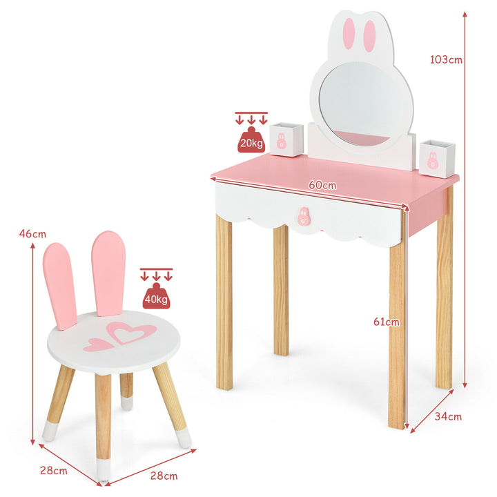 Kids Vanity Table and Chair Pretend Play with Mirror and Drawers-Pink