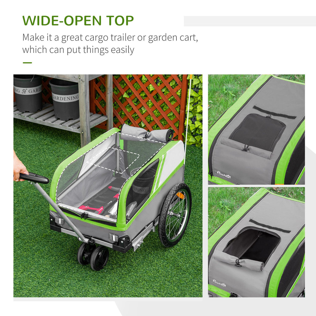 PawHut Dog Bike Trailer Two-In-One Trolley Stroller Cart Bicycle Carrier for Cat Puppy Travel w/ Reflectors Red Flag – Green