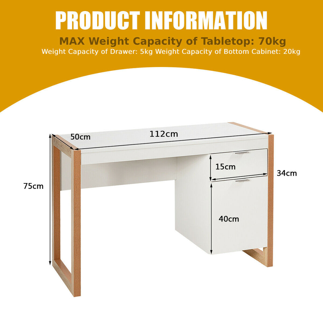 Wooden Computer Desk with Drawer and Cabinet for Home Office