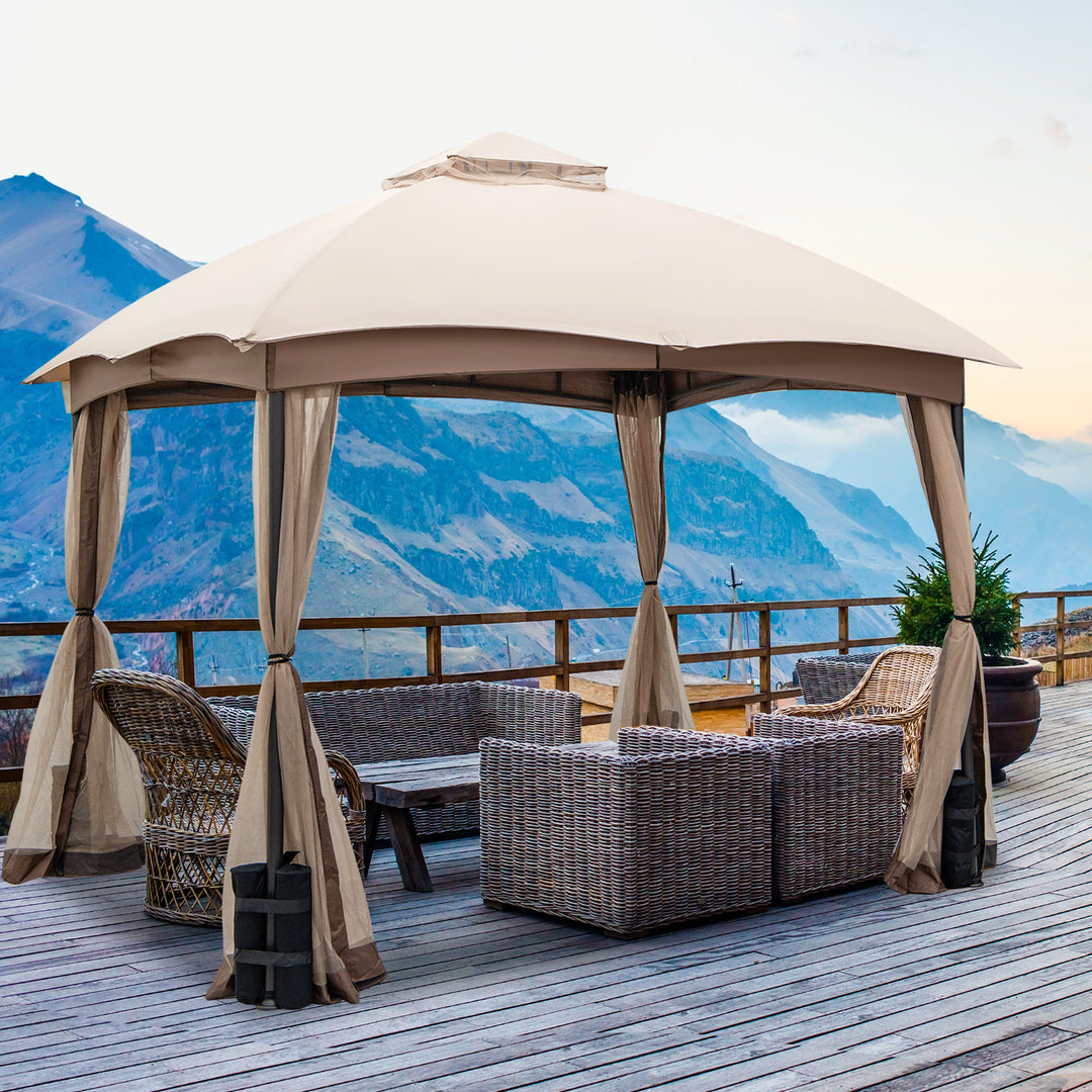 296 X 296 CM Double-Vent Patio Gazebo with Privacy Netting and 4 Sandbags-Khaki