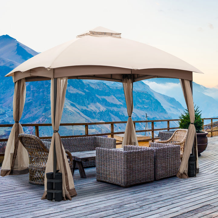 296 X 296 CM Double-Vent Patio Gazebo with Privacy Netting and 4 Sandbags-Khaki