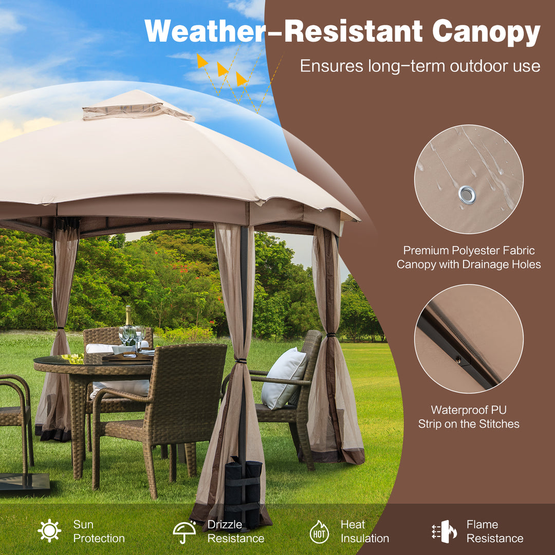 296 X 296 CM Double-Vent Patio Gazebo with Privacy Netting and 4 Sandbags-Khaki