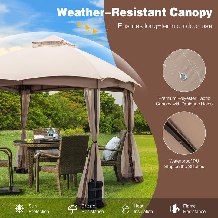 296 X 296 CM Double-Vent Patio Gazebo with Privacy Netting and 4 Sandbags-Khaki