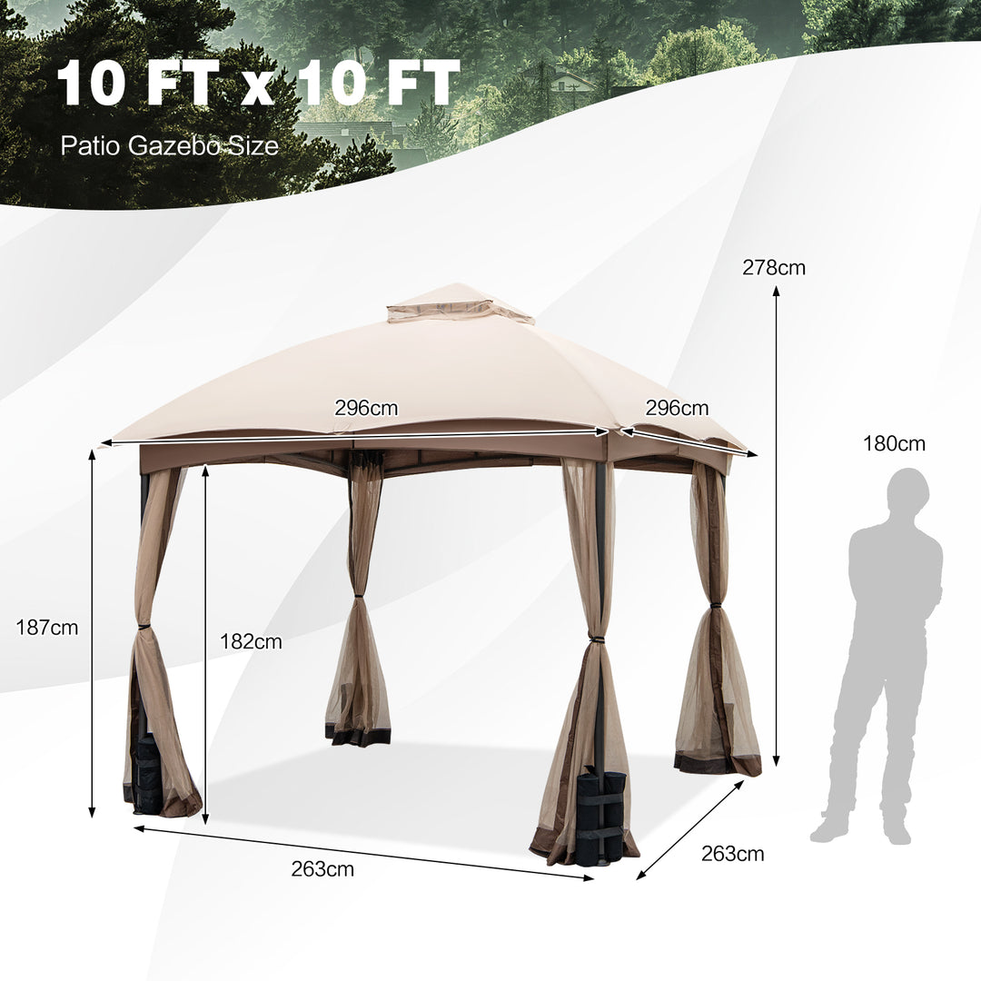 296 X 296 CM Double-Vent Patio Gazebo with Privacy Netting and 4 Sandbags-Khaki
