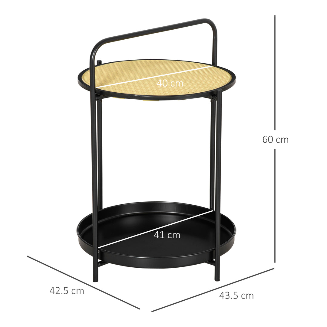 Round Side Table with Detachable Tray and Plastic Rattan Shelf, End Table with Steel Frame, Black